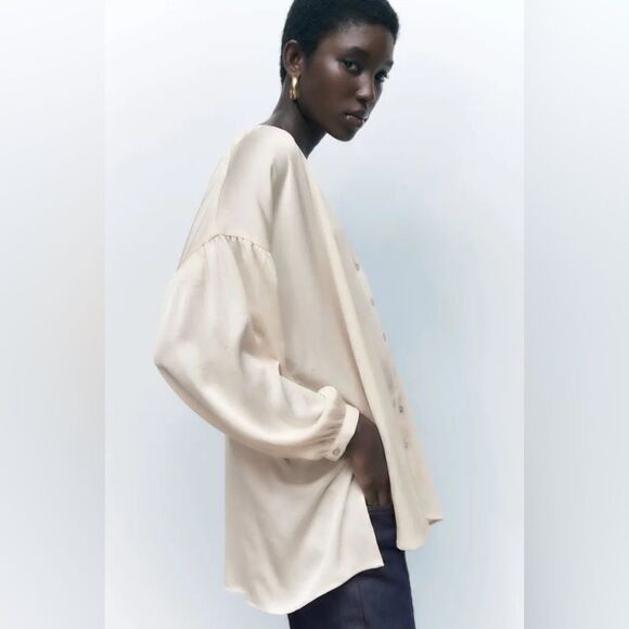 ZARA SATIN EFFECT JACQUARD BLOUSE ECRU - Picture 6 of 10